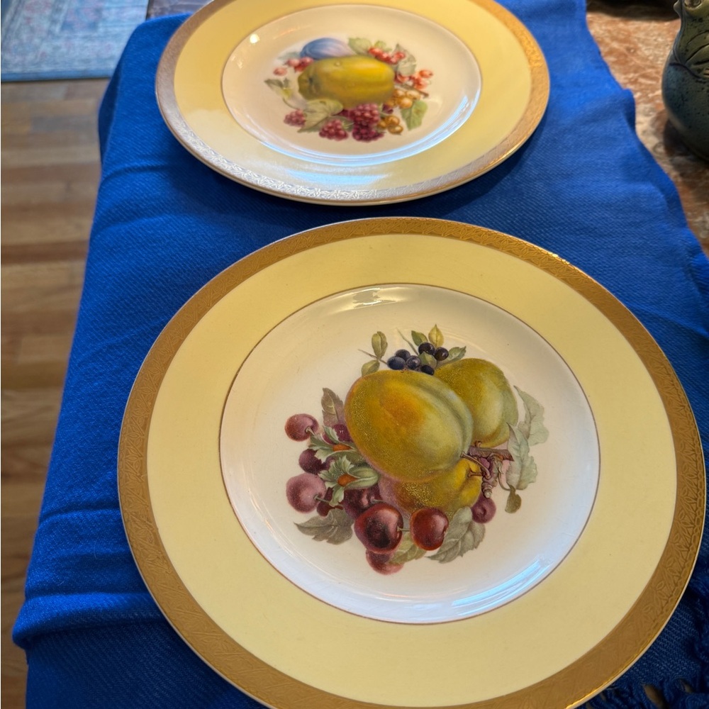Vintage Set of 2 Royal Ducal Gold and Cream Fruit Design Dinner Plates